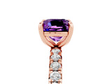 Rose gold Cushion Cut Amethyst Pavé Solitaire Ring with Round Band and Prong Setting_29