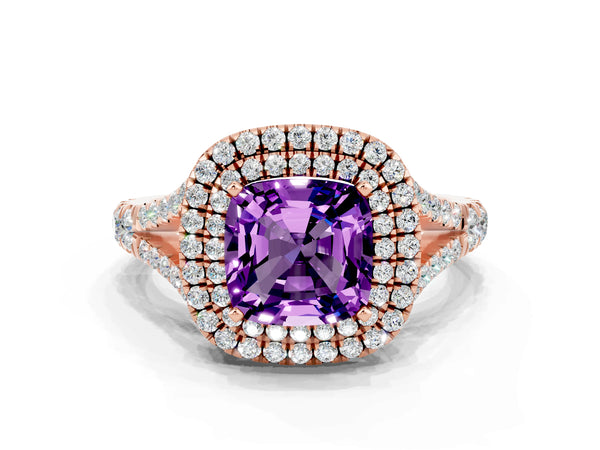 Rose gold Cushion Cut Amethyst Pavé Split Shank Double Halo Engagement Ring