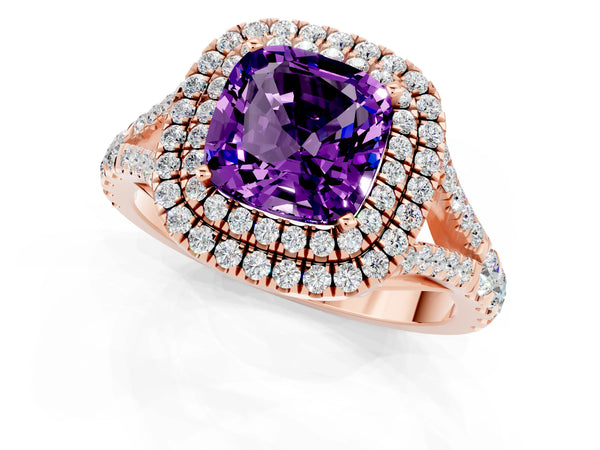 Rose gold Cushion Cut Amethyst Pavé Split Shank Double Halo Engagement Ring