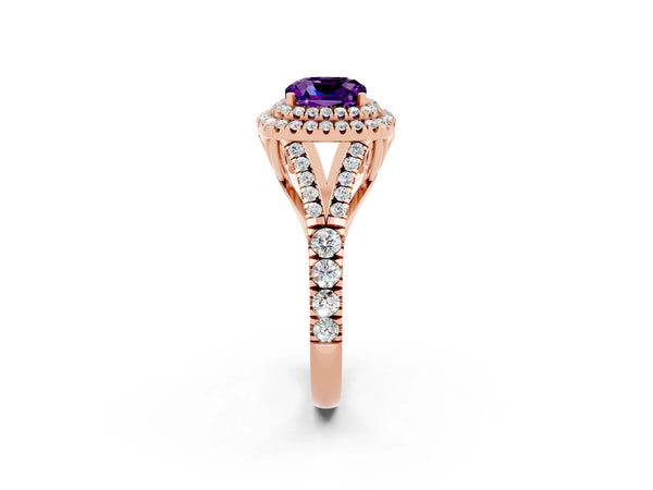 Rose gold Cushion Cut Amethyst Pavé Split Shank Double Halo Engagement Ring