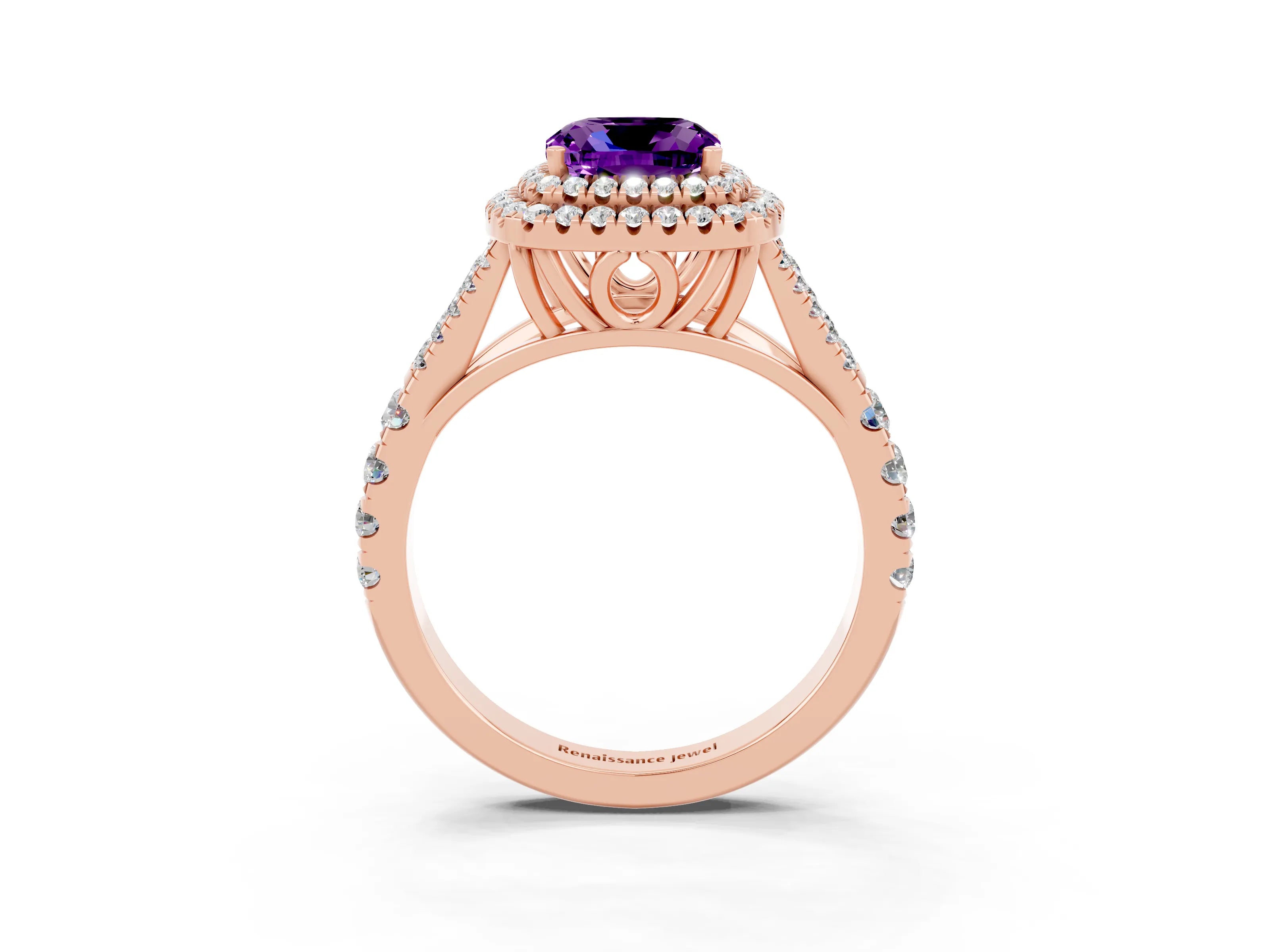 Rose gold Cushion Cut Amethyst Pavé Split Shank Double Halo Engagement Ring_3