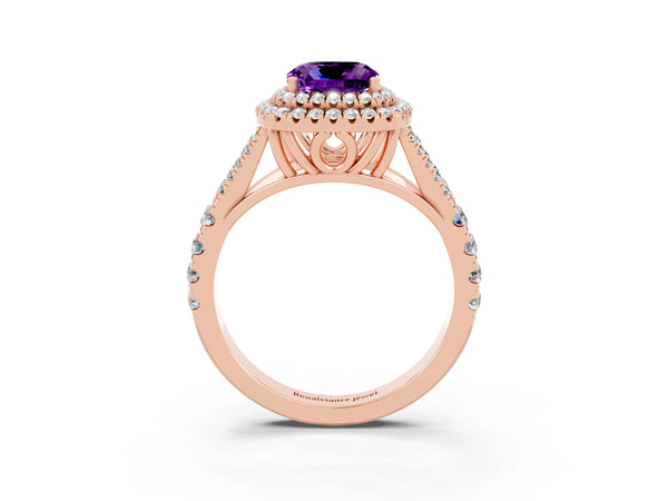 Rose gold Cushion Cut Amethyst Pavé Split Shank Double Halo Engagement Ring
