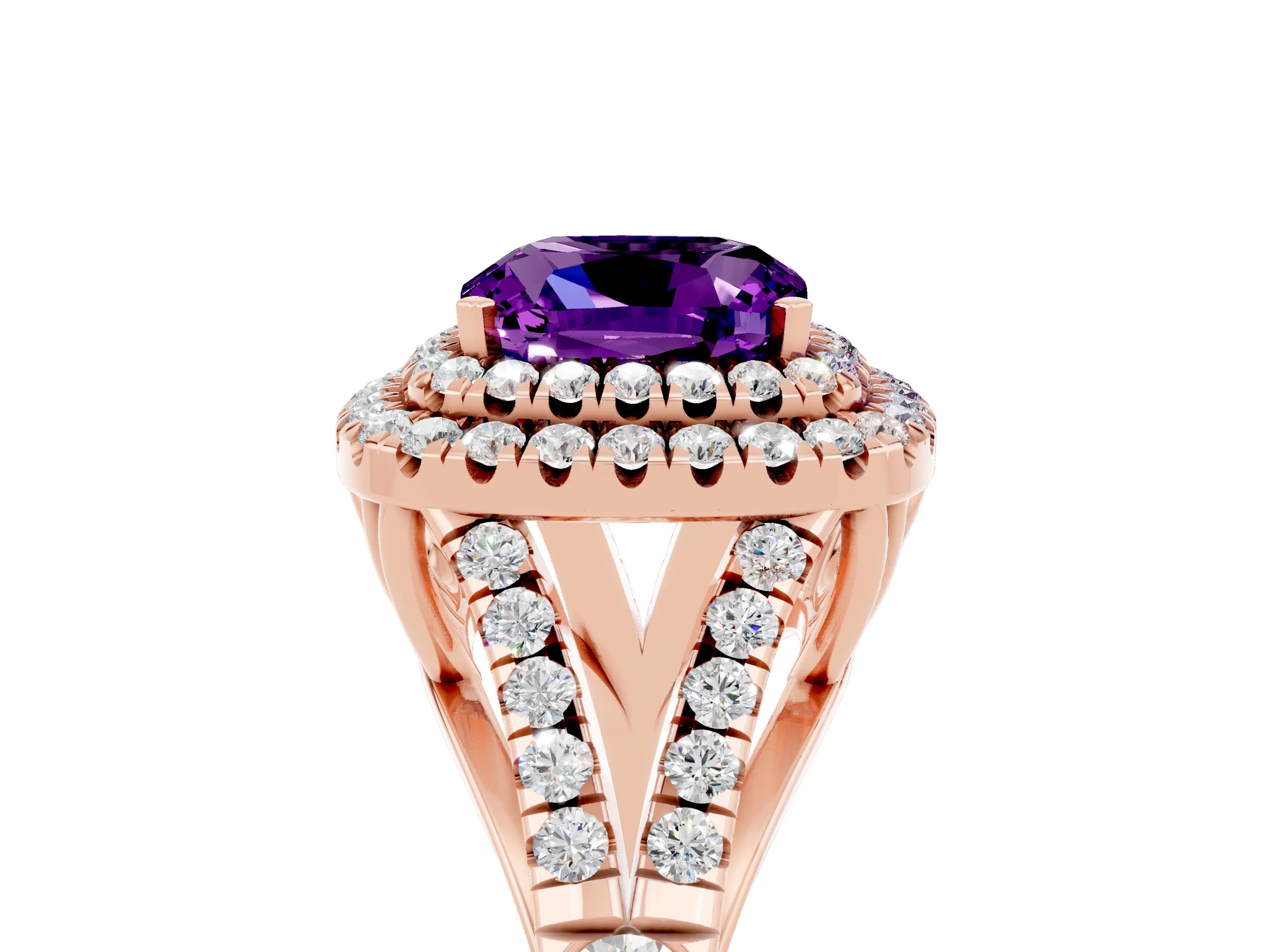 Rose gold Cushion Cut Amethyst Pavé Split Shank Double Halo Engagement Ring_5