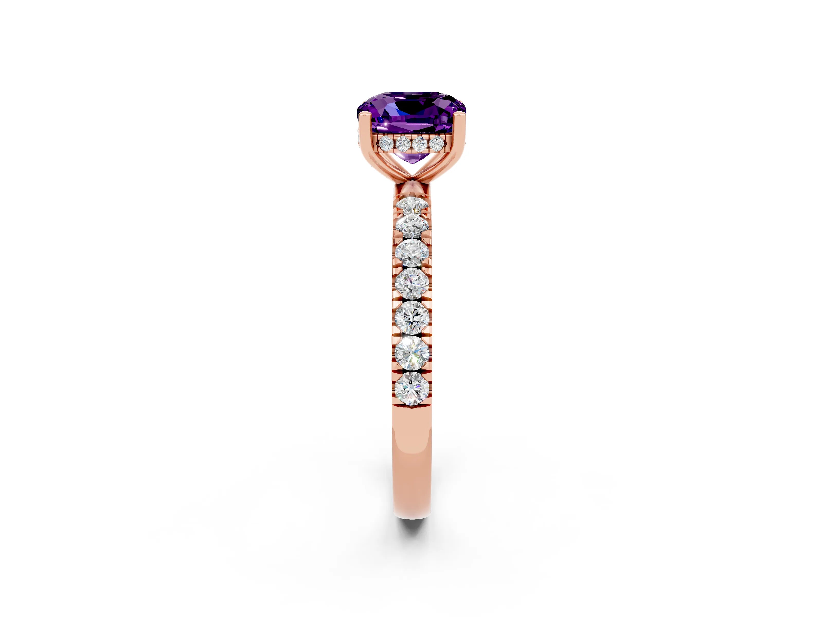 Rose gold Cushion Cut Amethyst Pave Band Solitaire Ring with Four-Prong Setting_26