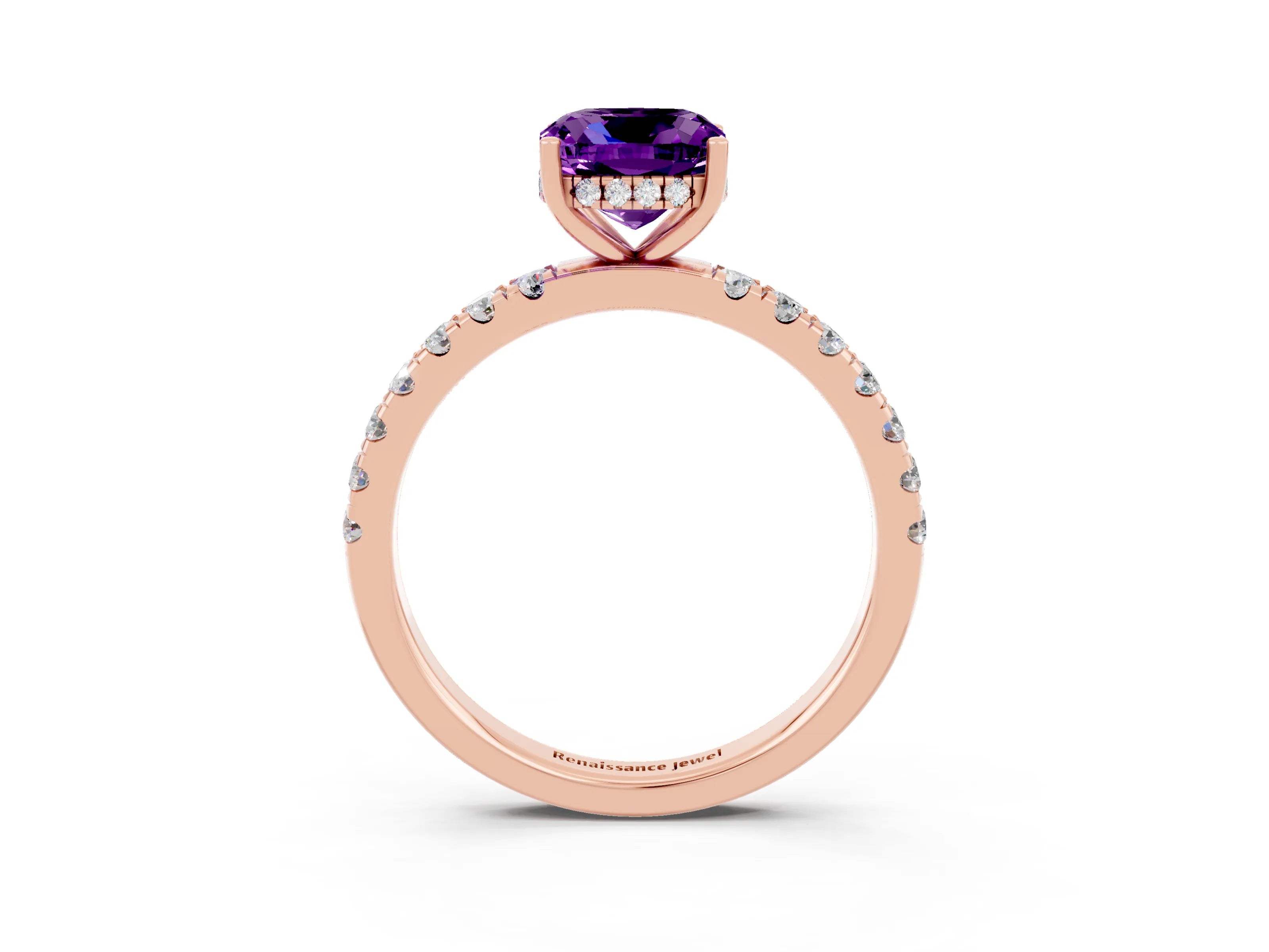 Rose gold Cushion Cut Amethyst Pave Band Solitaire Ring with Four-Prong Setting_27