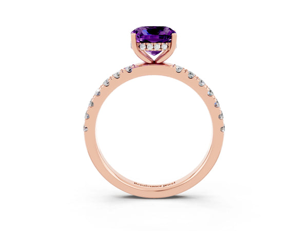 Rose gold Cushion Cut Amethyst Pave Band Solitaire Ring with Round  and Prong Setting