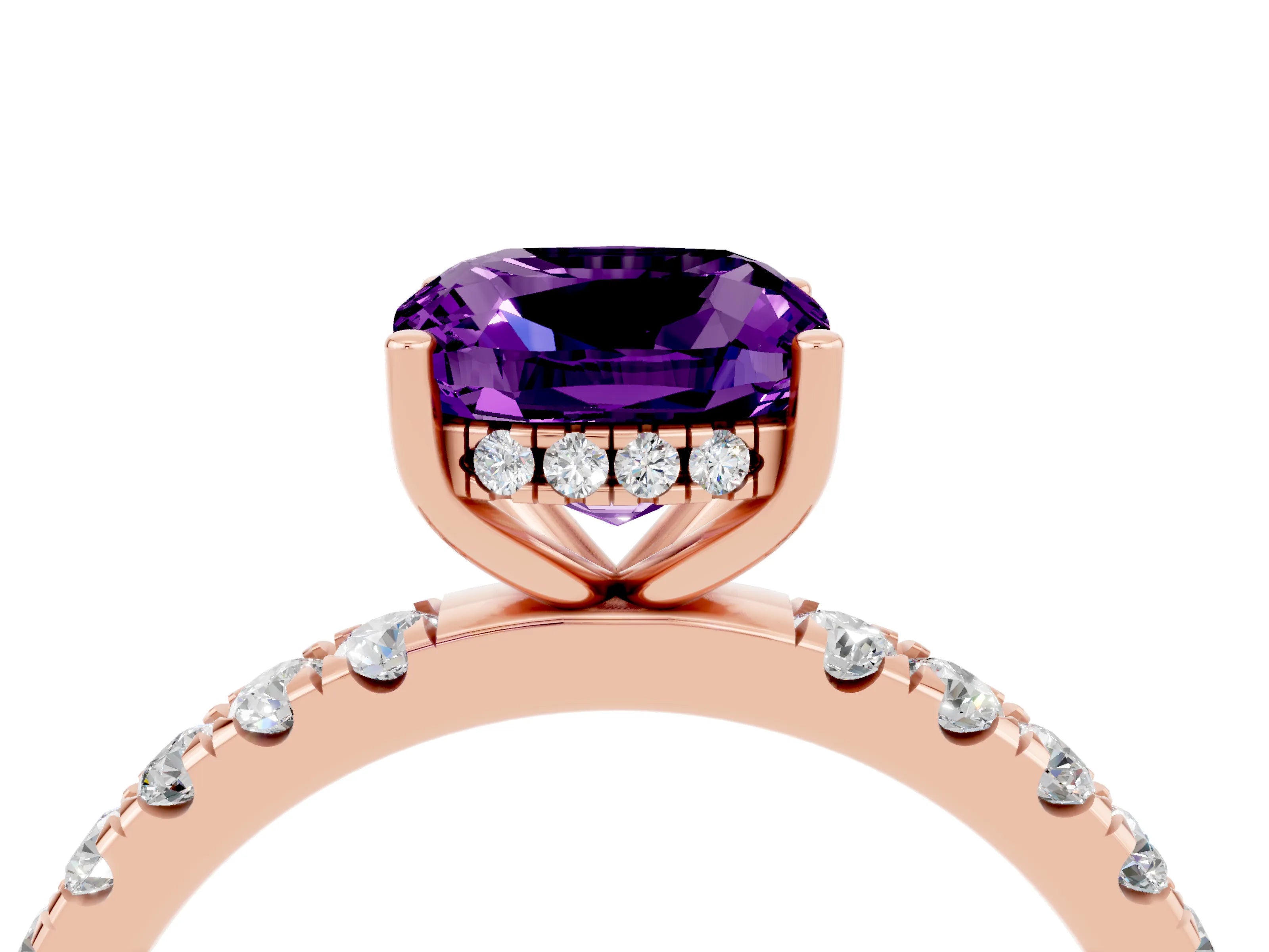 Rose gold Cushion Cut Amethyst Pave Band Solitaire Ring with Four-Prong Setting_28