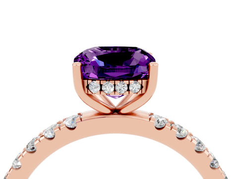 Rose gold Cushion Cut Amethyst Pave Band Solitaire Ring with Four-Prong Setting_28