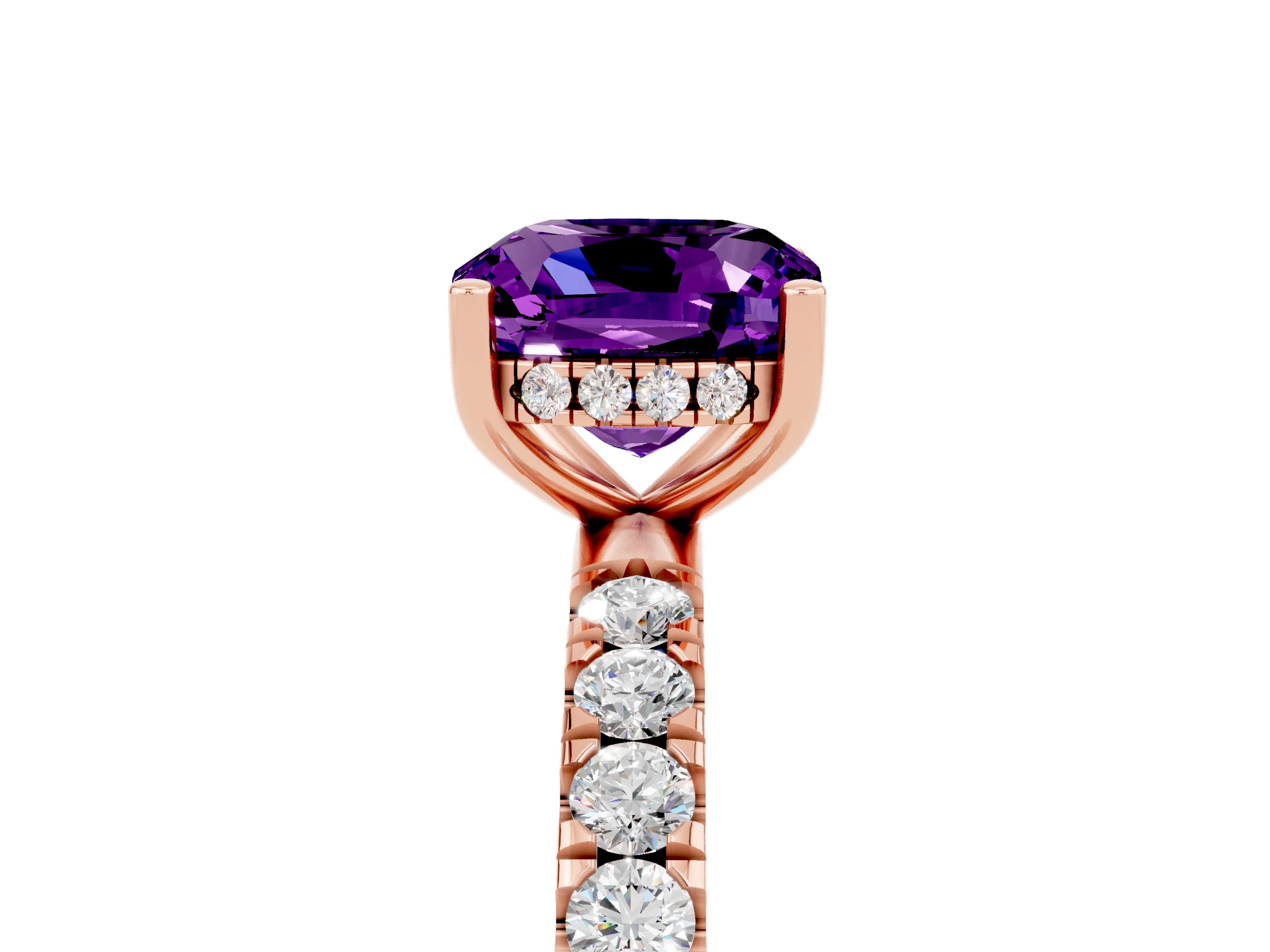 Rose gold Cushion Cut Amethyst Pave Band Solitaire Ring with Four-Prong Setting_29