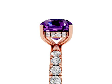 Rose gold Cushion Cut Amethyst Pave Band Solitaire Ring with Four-Prong Setting_29