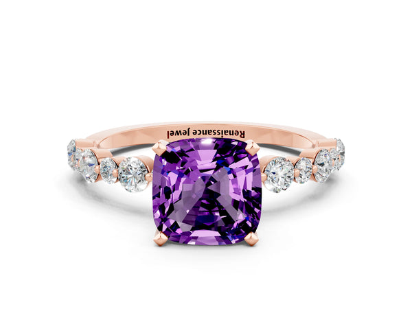 Rose gold Cushion Cut Amethyst Prong Set Engagement Ring with Pavé Band