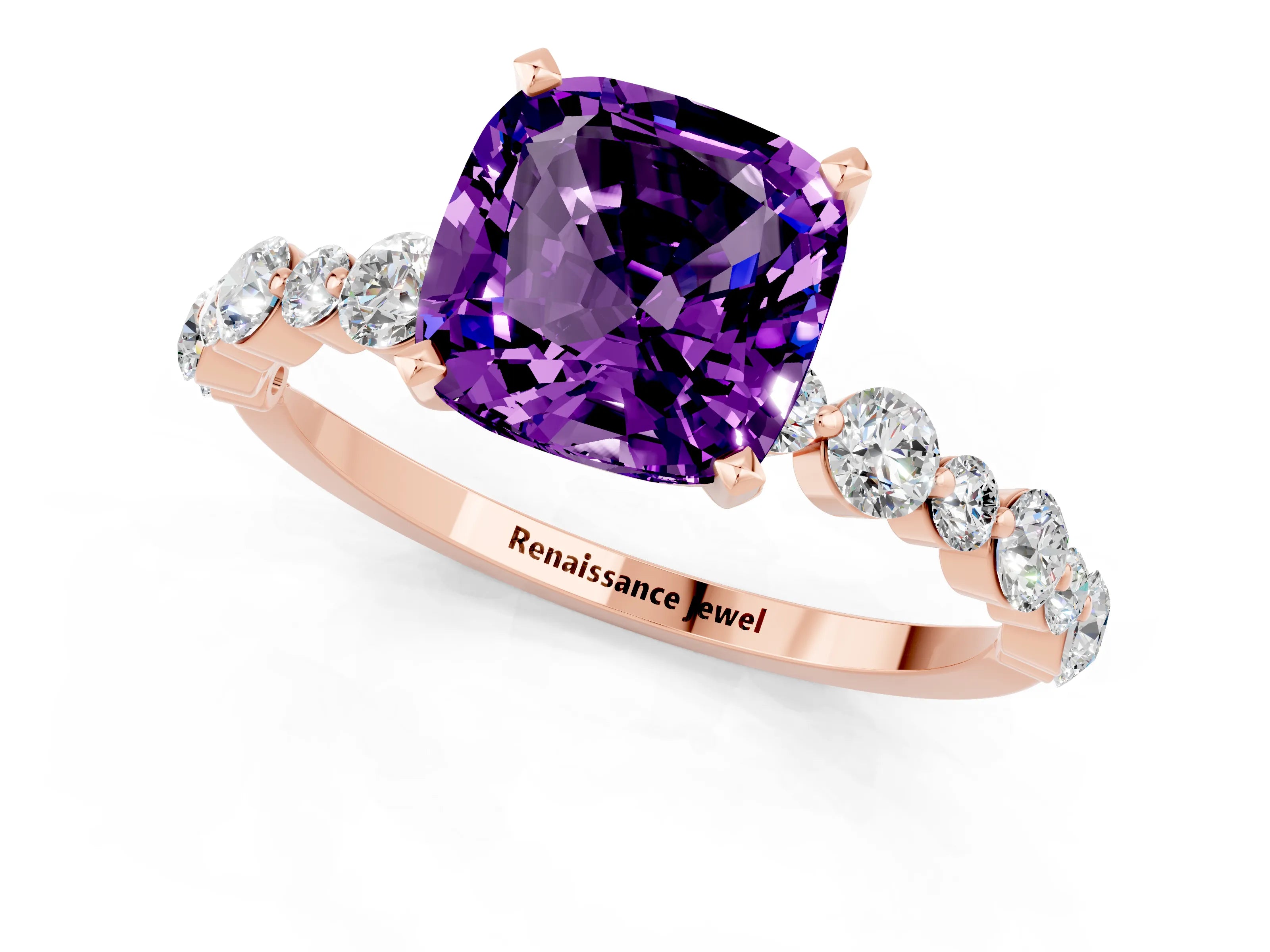 Rose gold Cushion Cut Amethyst Prong Set Engagement Ring with Pavé Band_1