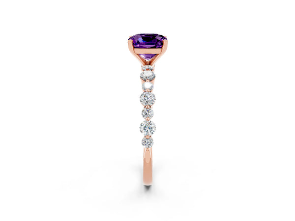 Rose gold Cushion Cut Amethyst Prong Set Engagement Ring with Pavé Band