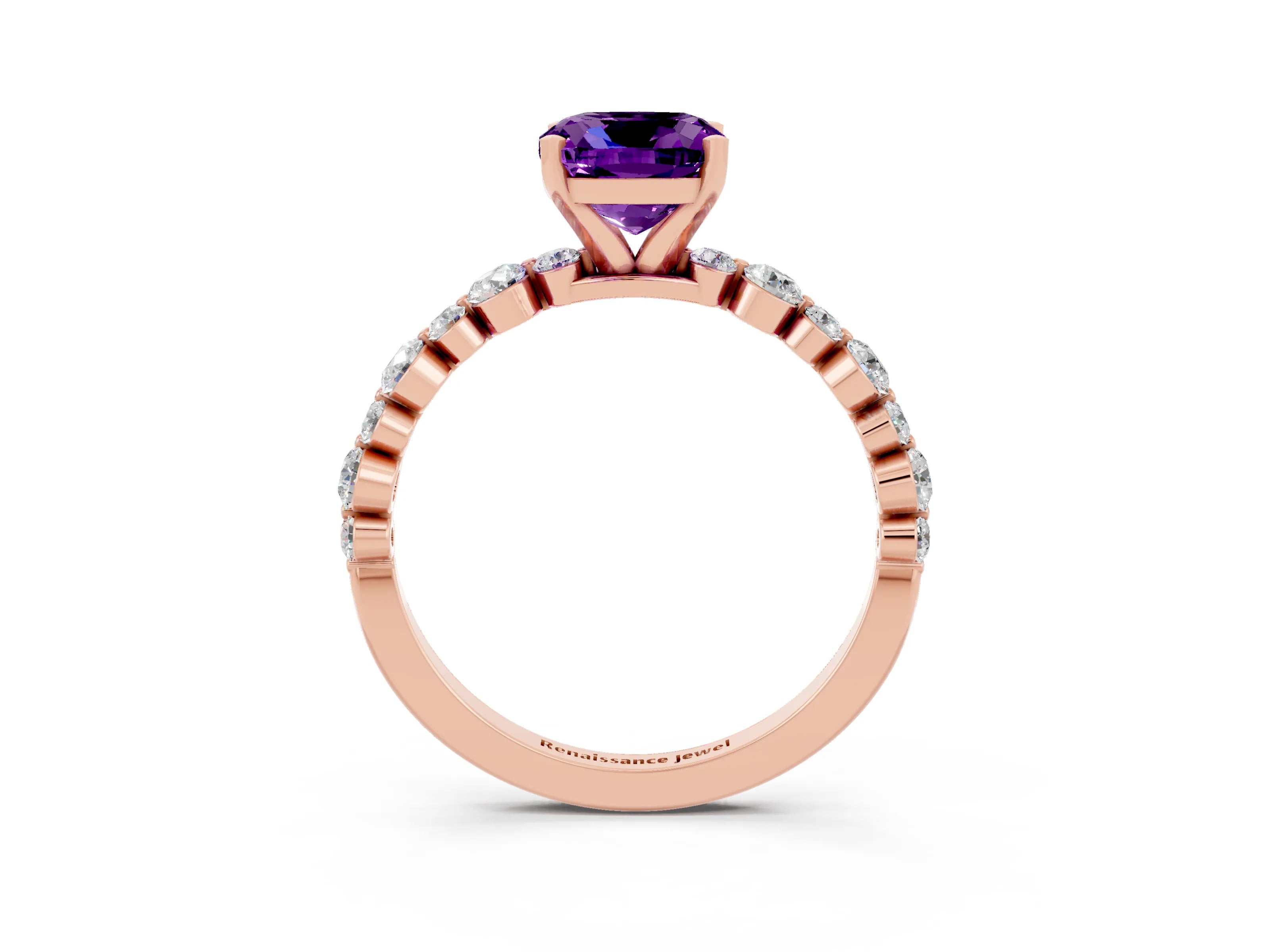 Rose gold Cushion Cut Amethyst Prong Set Engagement Ring with Pavé Band_3