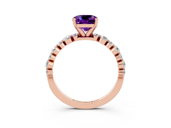 Rose gold Cushion Cut Amethyst Prong Set Engagement Ring with Pavé Band