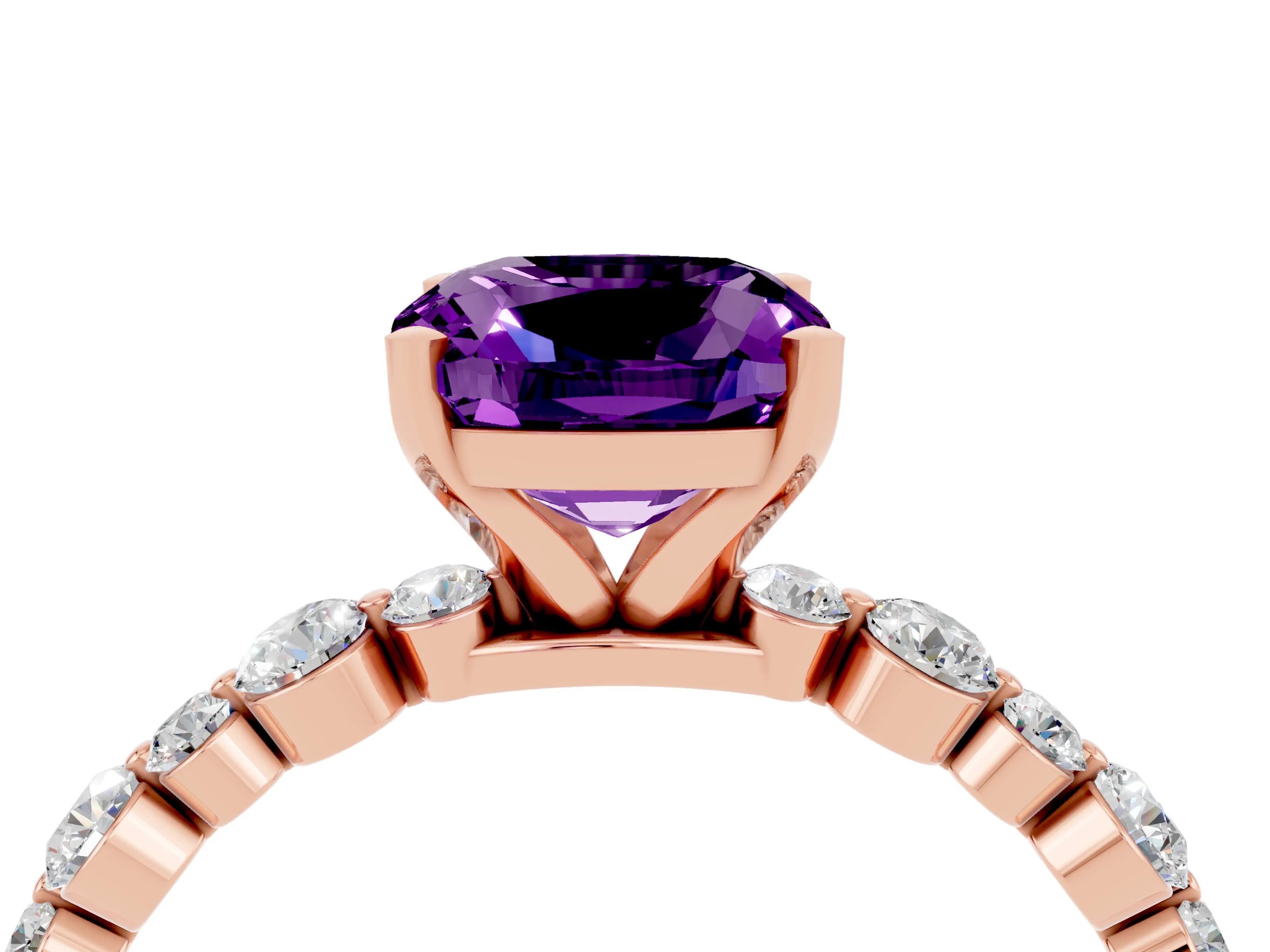 Rose gold Cushion Cut Amethyst Prong Set Engagement Ring with Pavé Band_4
