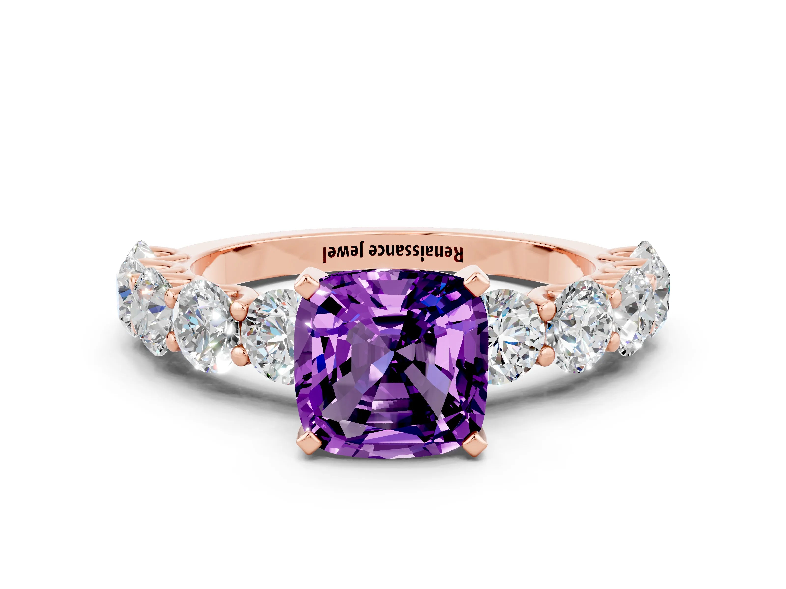 Rose gold Cushion Cut Amethyst Prong Setting with Side Stones on a Pave Band