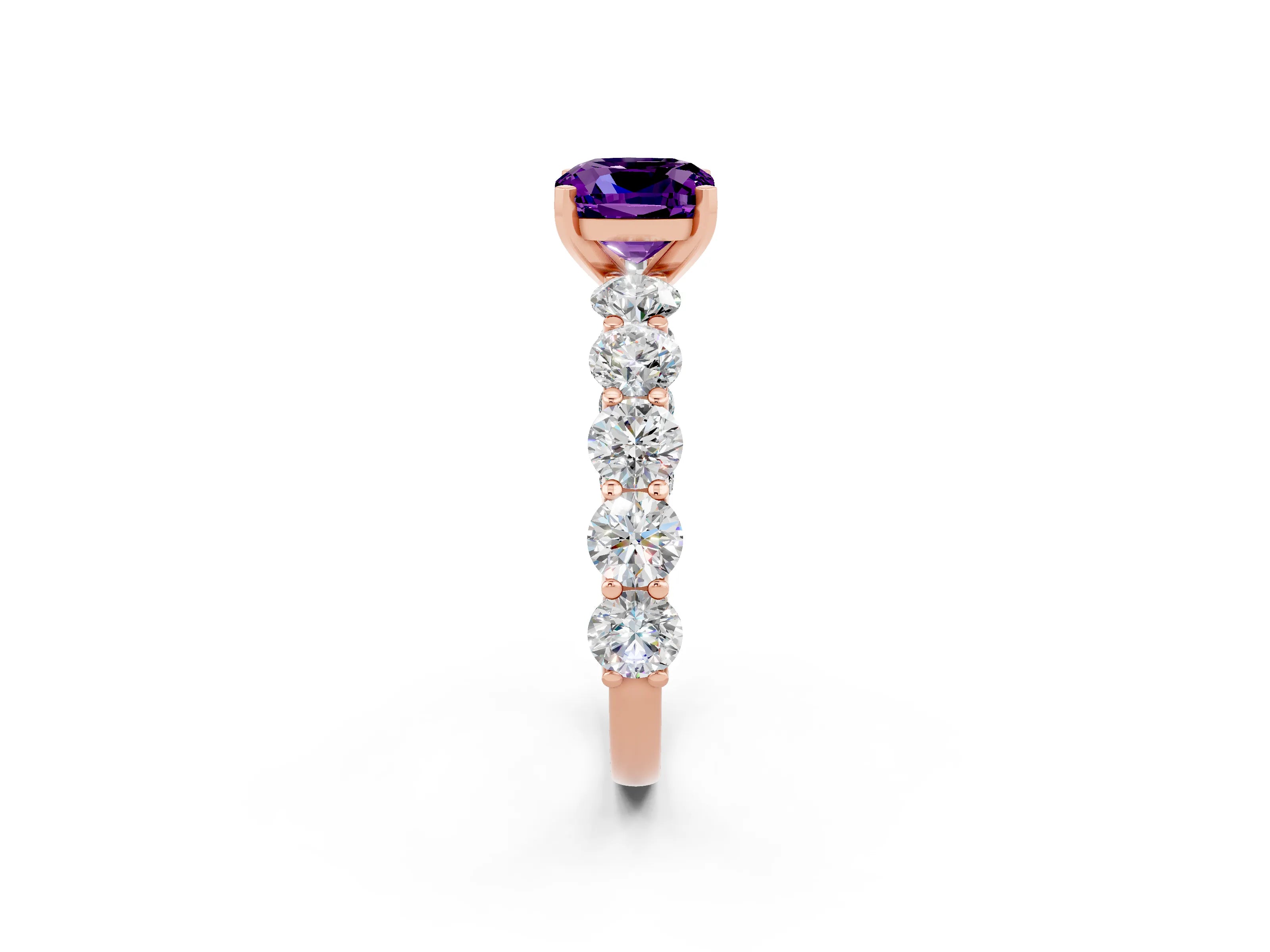 Rose gold Cushion Cut Amethyst Prong Setting with Side Stones on a Pave Band_2