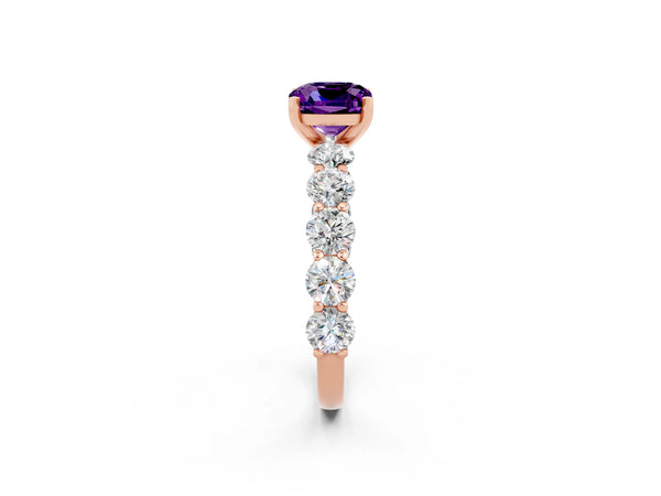 Rose gold Cushion Cut Amethyst Prong Setting with Side Stones on a Pave Band