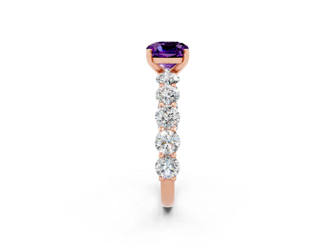 Rose gold Cushion Cut Amethyst Prong Setting with Side Stones on a Pave Band_2