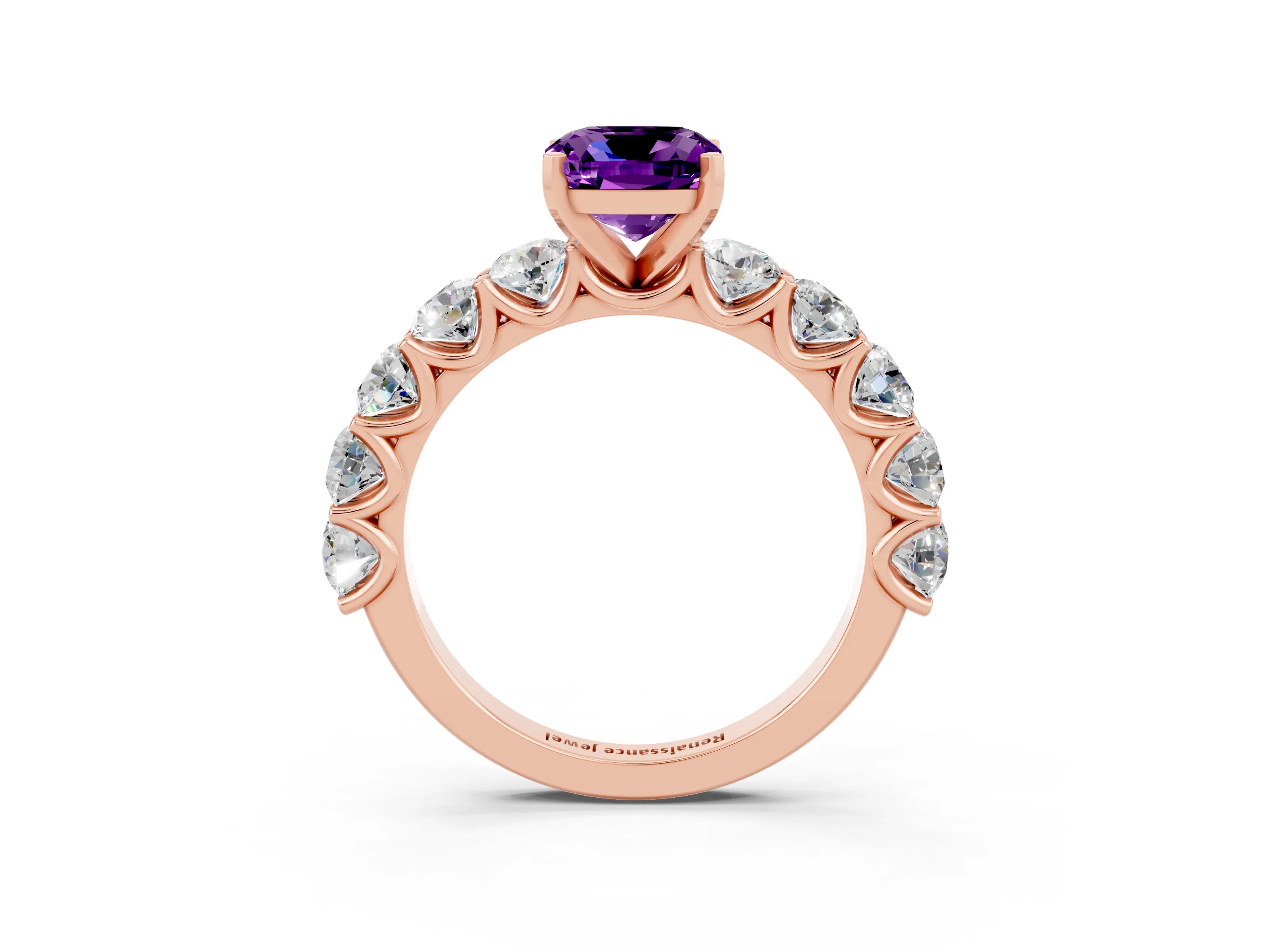 Rose gold Cushion Cut Amethyst Prong Setting with Side Stones on a Pave Band_3