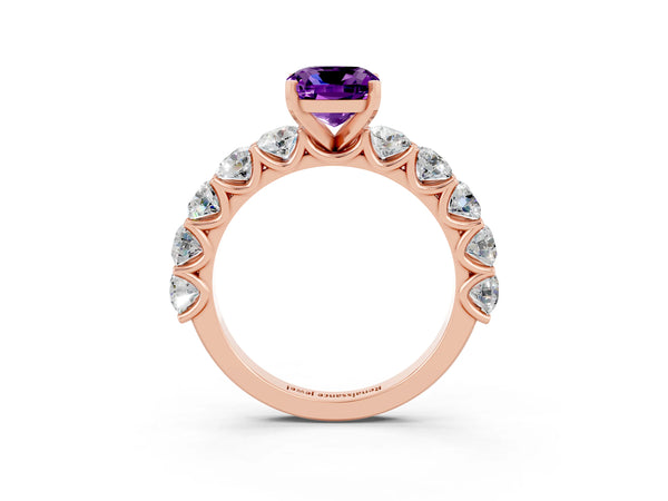 Rose gold Cushion Cut Amethyst Prong Setting with Side Stones on a Pave Band