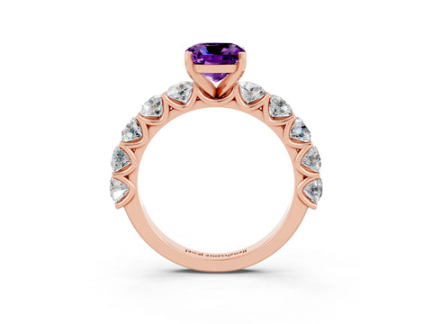 Rose gold Cushion Cut Amethyst Prong Setting with Side Stones on a Pave Band_3
