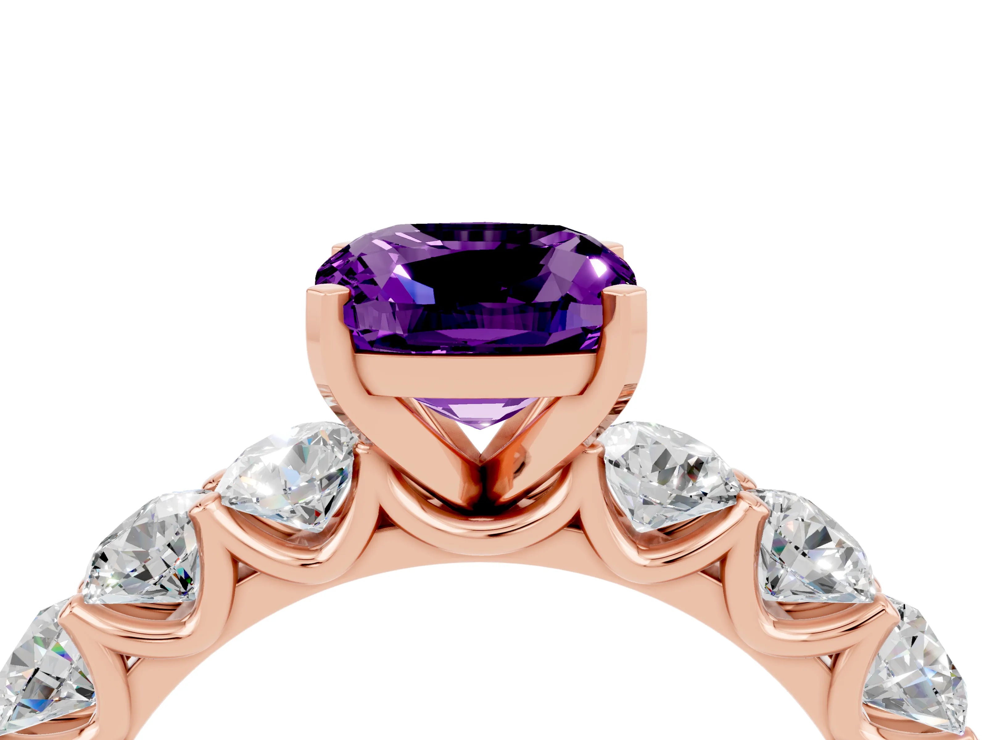 Rose gold Cushion Cut Amethyst Prong Setting with Side Stones on a Pave Band_4