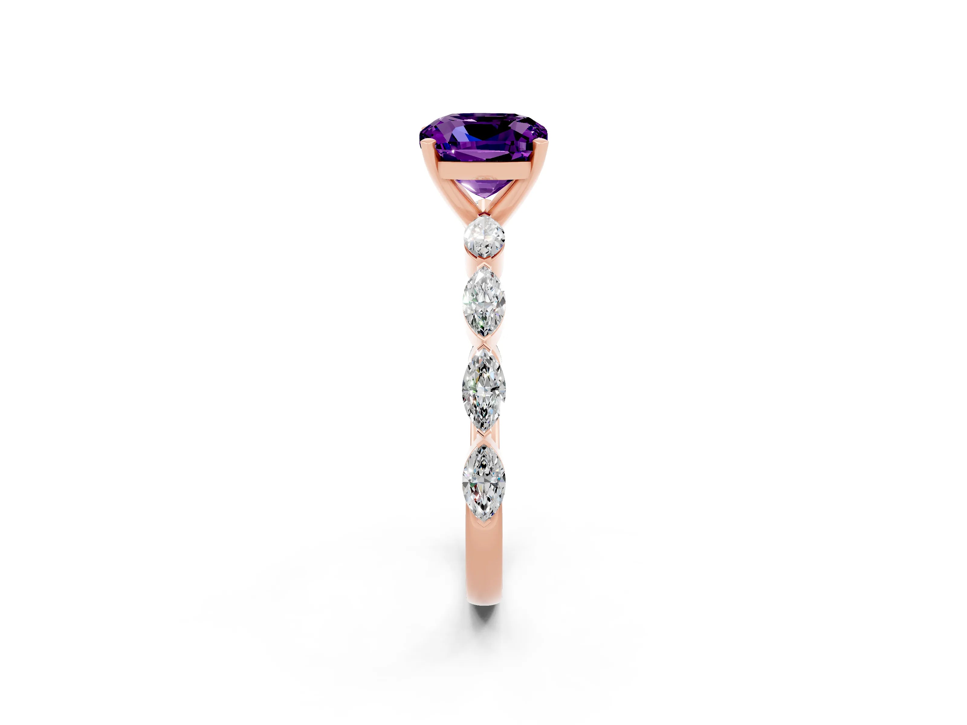 Rose gold Cushion Cut Amethyst Ring with Marquise Side Stones and Prong Setting_2