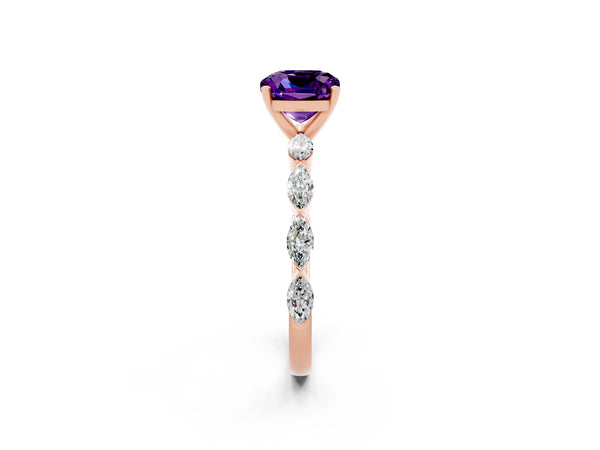 Rose gold Cushion Cut Amethyst Ring with Marquise Side Stones and Prong Setting