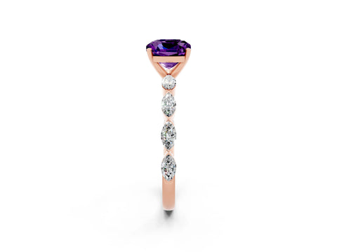 Rose gold Cushion Cut Amethyst Ring with Marquise Side Stones and Prong Setting_2