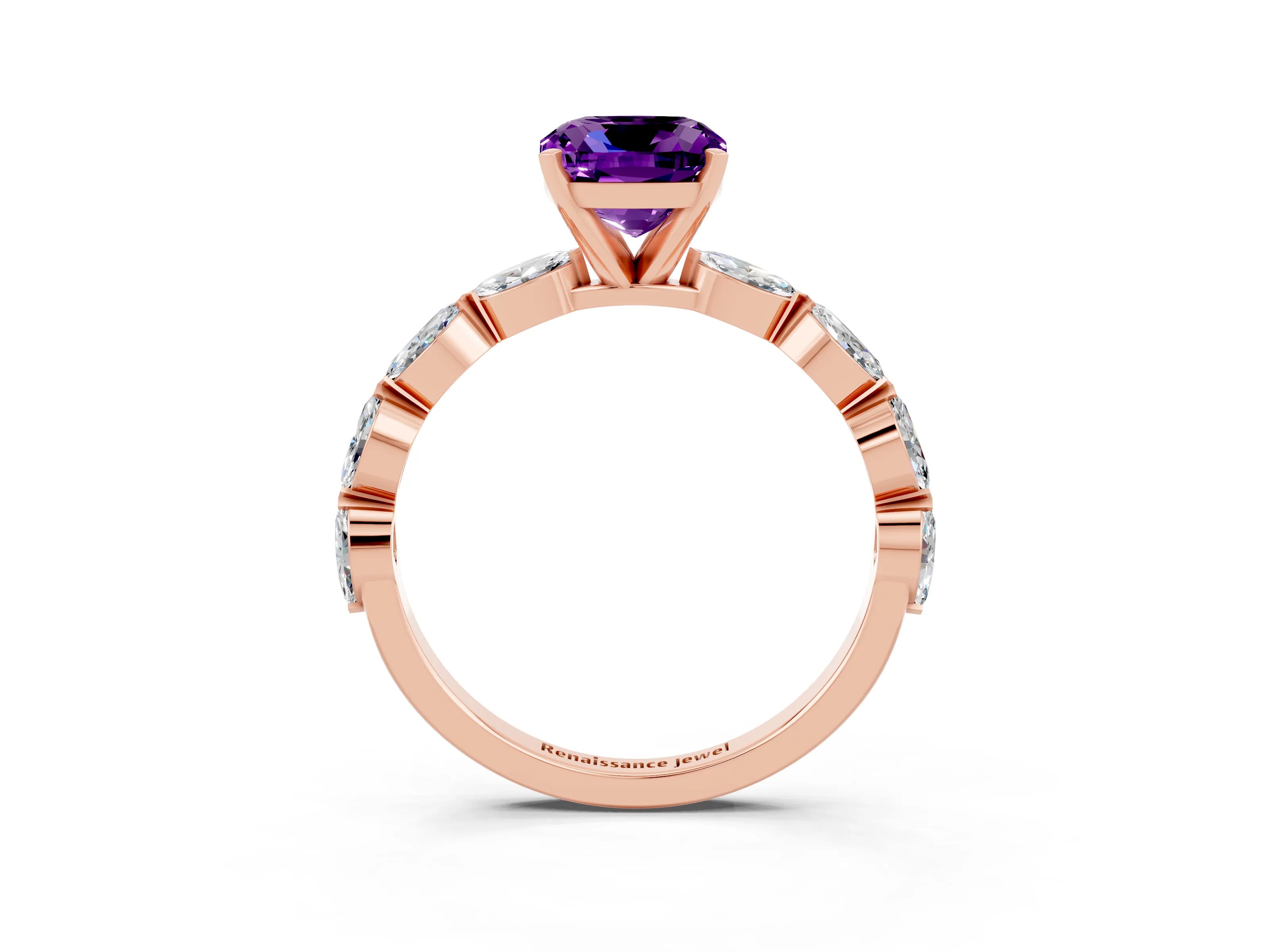 Rose gold Cushion Cut Amethyst Ring with Marquise Side Stones and Prong Setting_3