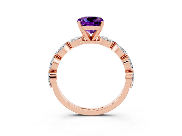 Rose gold Cushion Cut Amethyst Ring with Marquise Side Stones and Prong Setting