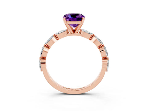 Rose gold Cushion Cut Amethyst Ring with Marquise Side Stones and Prong Setting_3