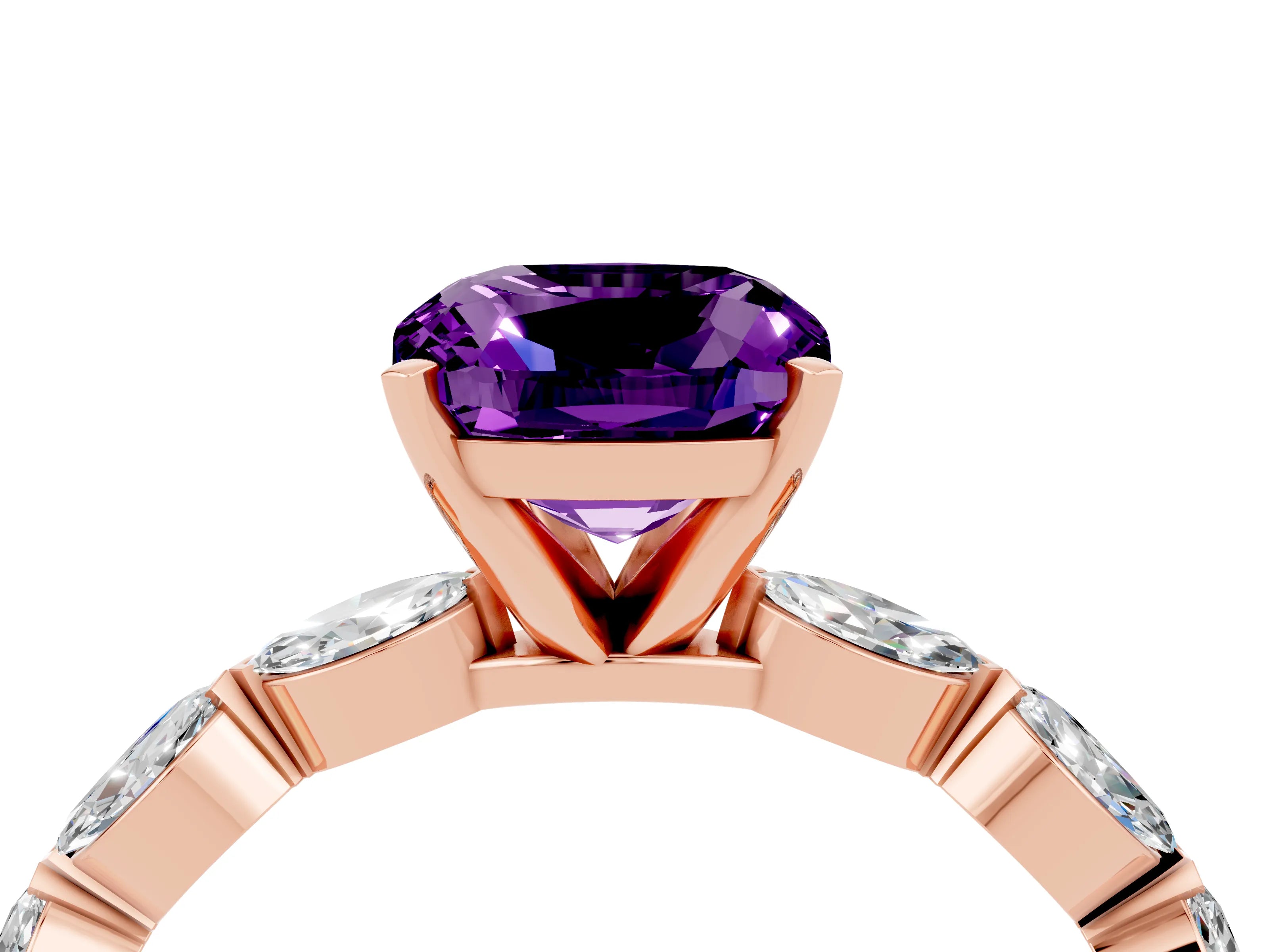 Rose gold Cushion Cut Amethyst Ring with Marquise Side Stones and Prong Setting_4