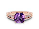 Rose gold Cushion Cut Amethyst Ring with Milgrain Pavé Band and Four-Prong Setting_12