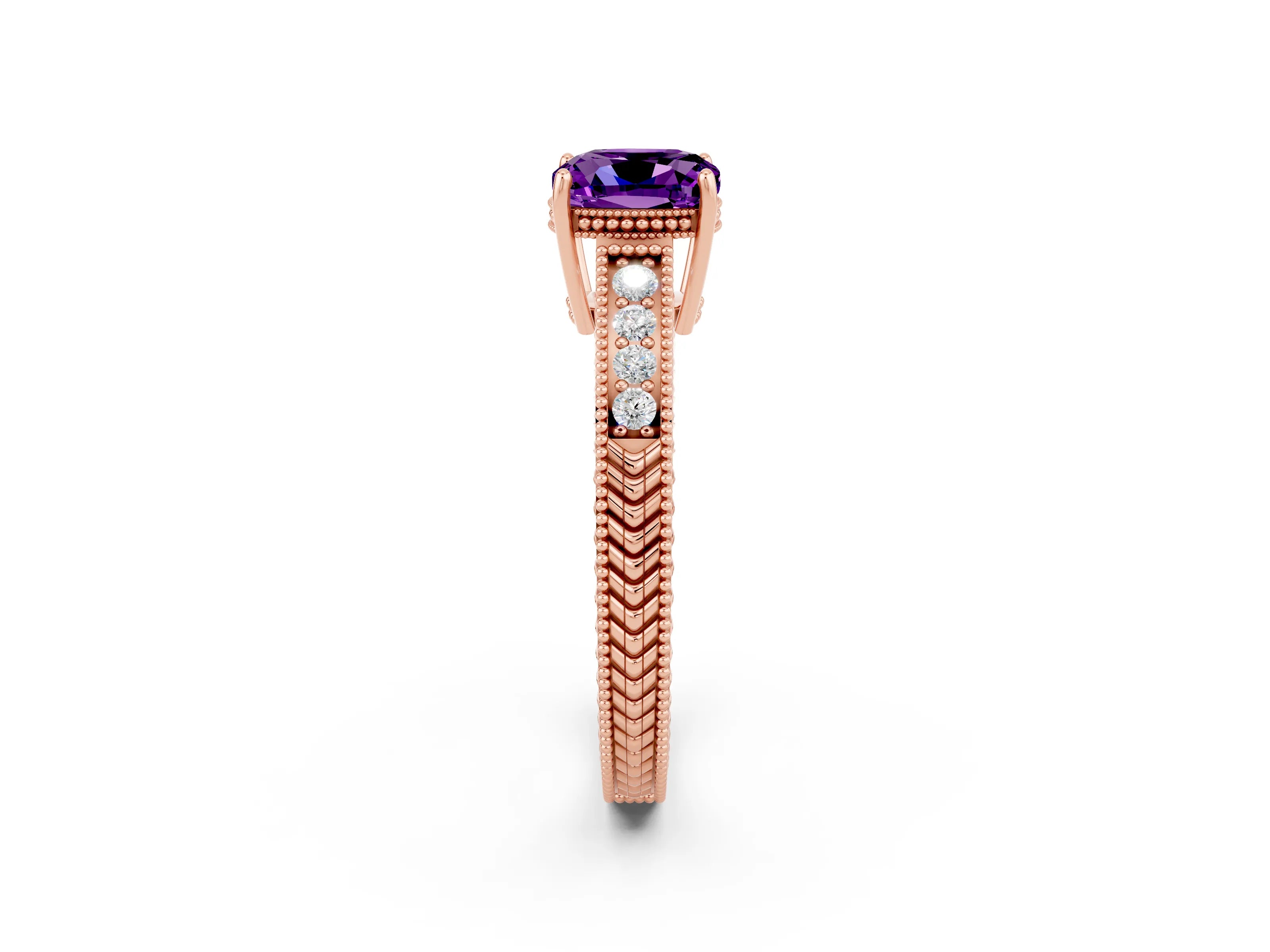 Rose gold Cushion Cut Amethyst Ring with Milgrain Pavé Band and Four-Prong Setting_14