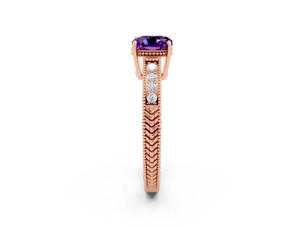Rose gold Cushion Cut Amethyst Ring with Milgrain Pavé Band and Four-Prong Setting