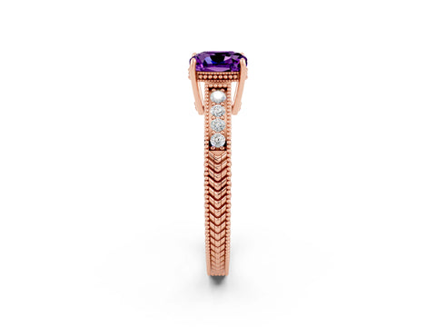 Rose gold Cushion Cut Amethyst Ring with Milgrain Pavé Band and Four-Prong Setting_14