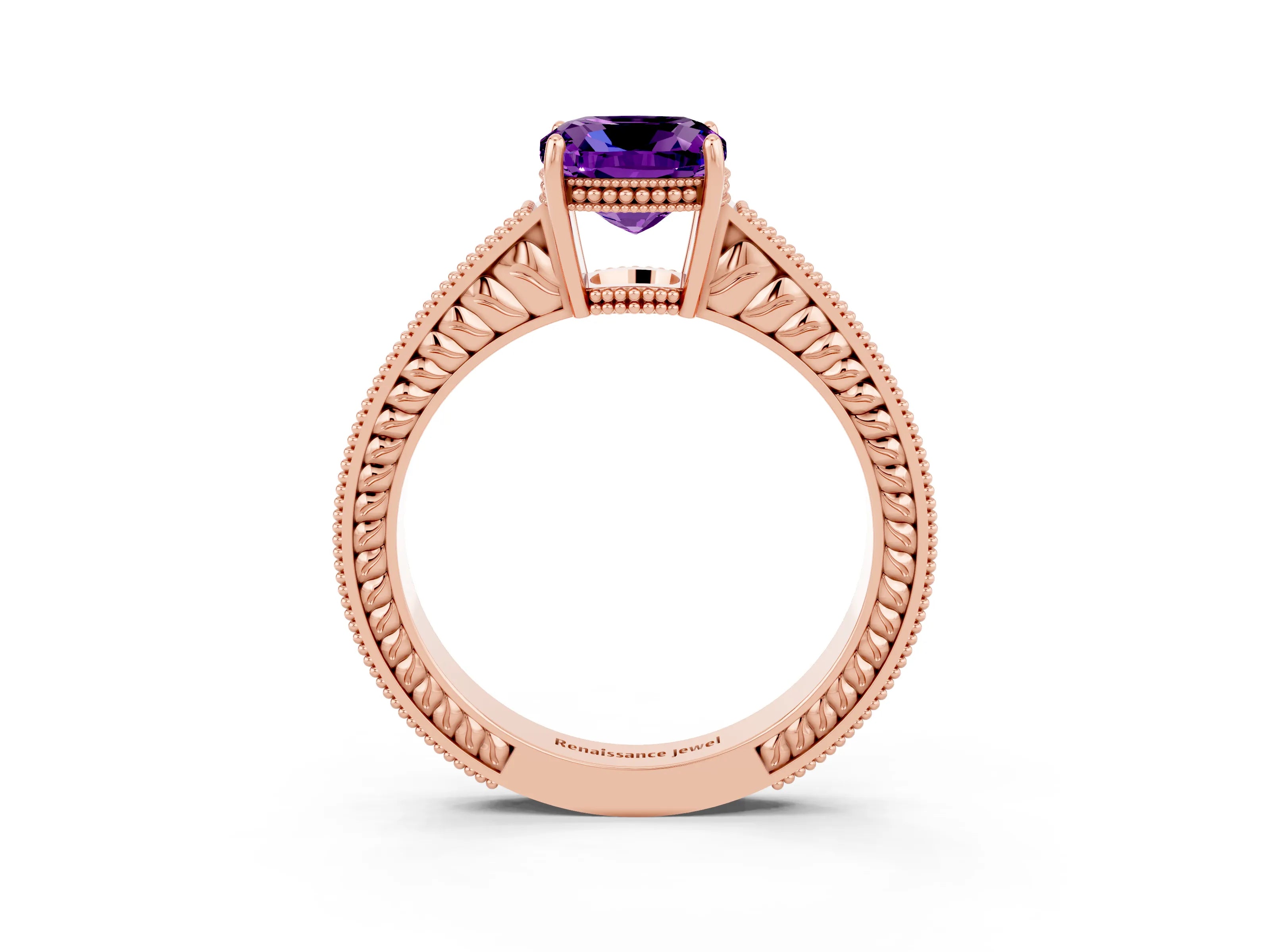 Rose gold Cushion Cut Amethyst Ring with Milgrain Pavé Band and Four-Prong Setting_15