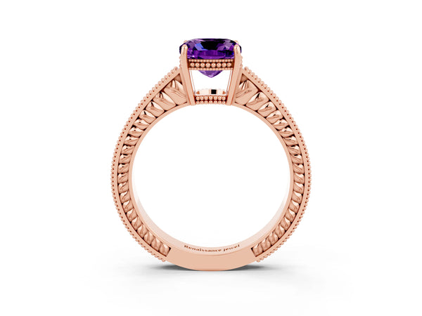 Rose gold Cushion Cut Amethyst Ring with Milgrain Pavé Band and Four-Prong Setting
