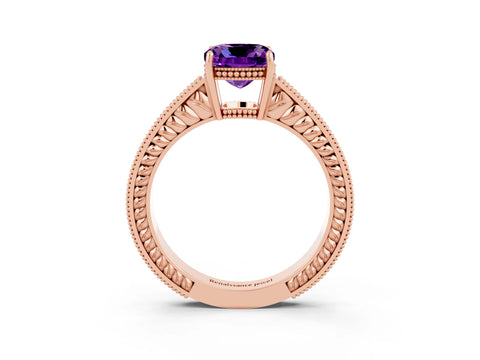 Rose gold Cushion Cut Amethyst Ring with Milgrain Pavé Band and Four-Prong Setting_15