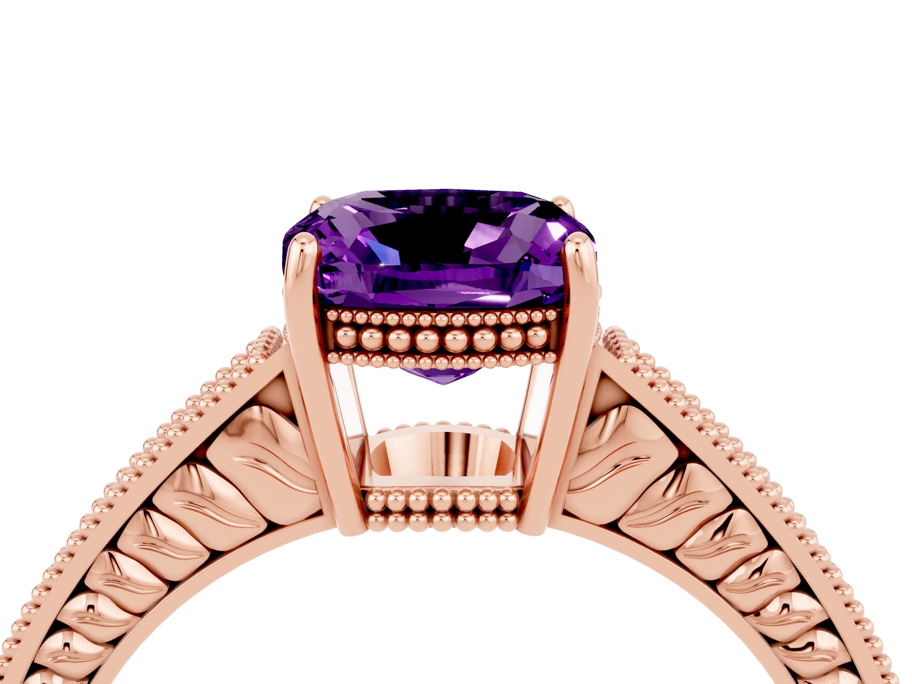 Rose gold Cushion Cut Amethyst Ring with Milgrain Pavé Band and Four-Prong Setting_16