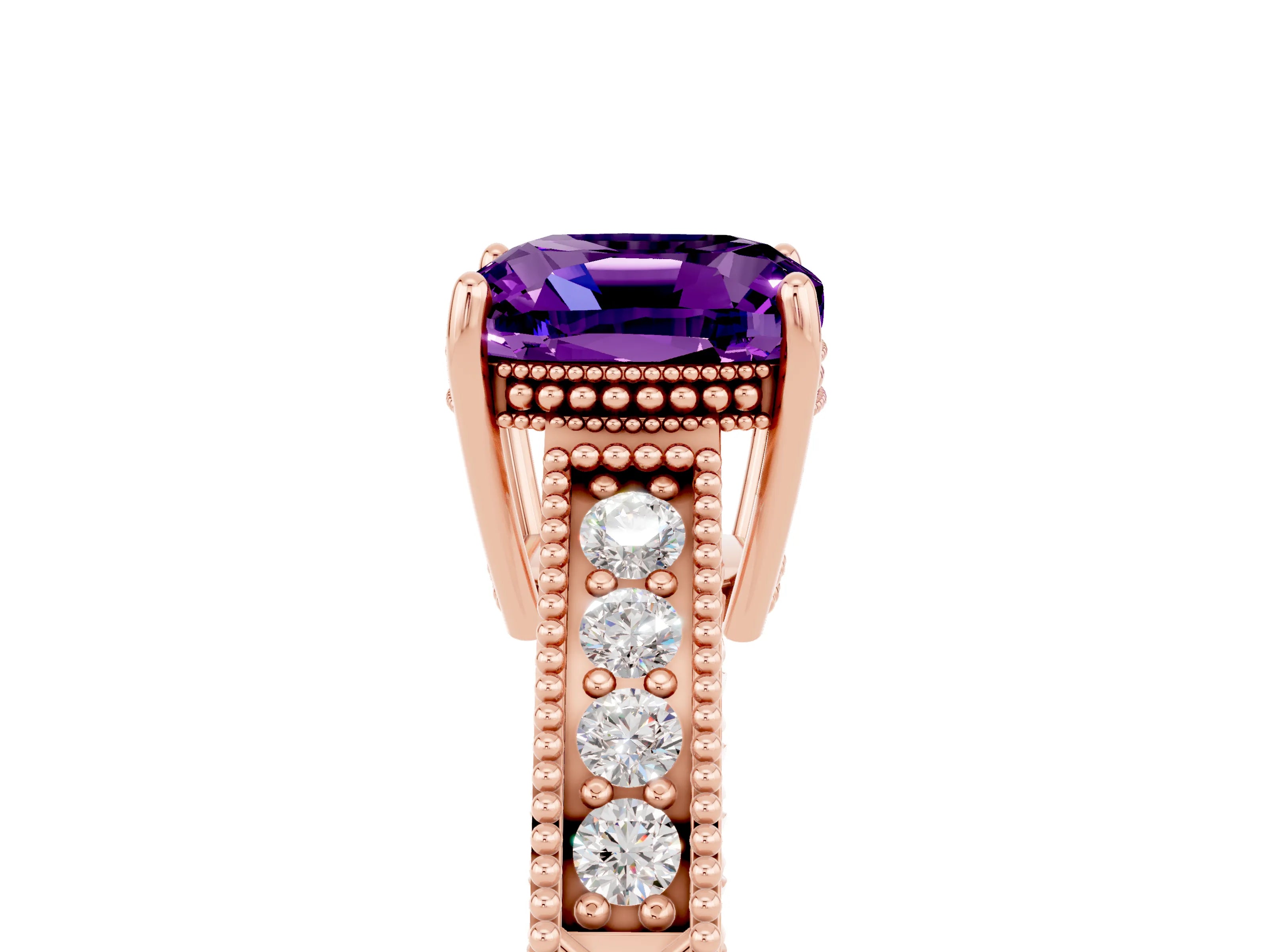 Rose gold Cushion Cut Amethyst Ring with Milgrain Pavé Band and Four-Prong Setting_17