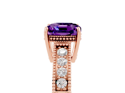 Rose gold Cushion Cut Amethyst Ring with Milgrain Pavé Band and Four-Prong Setting_17