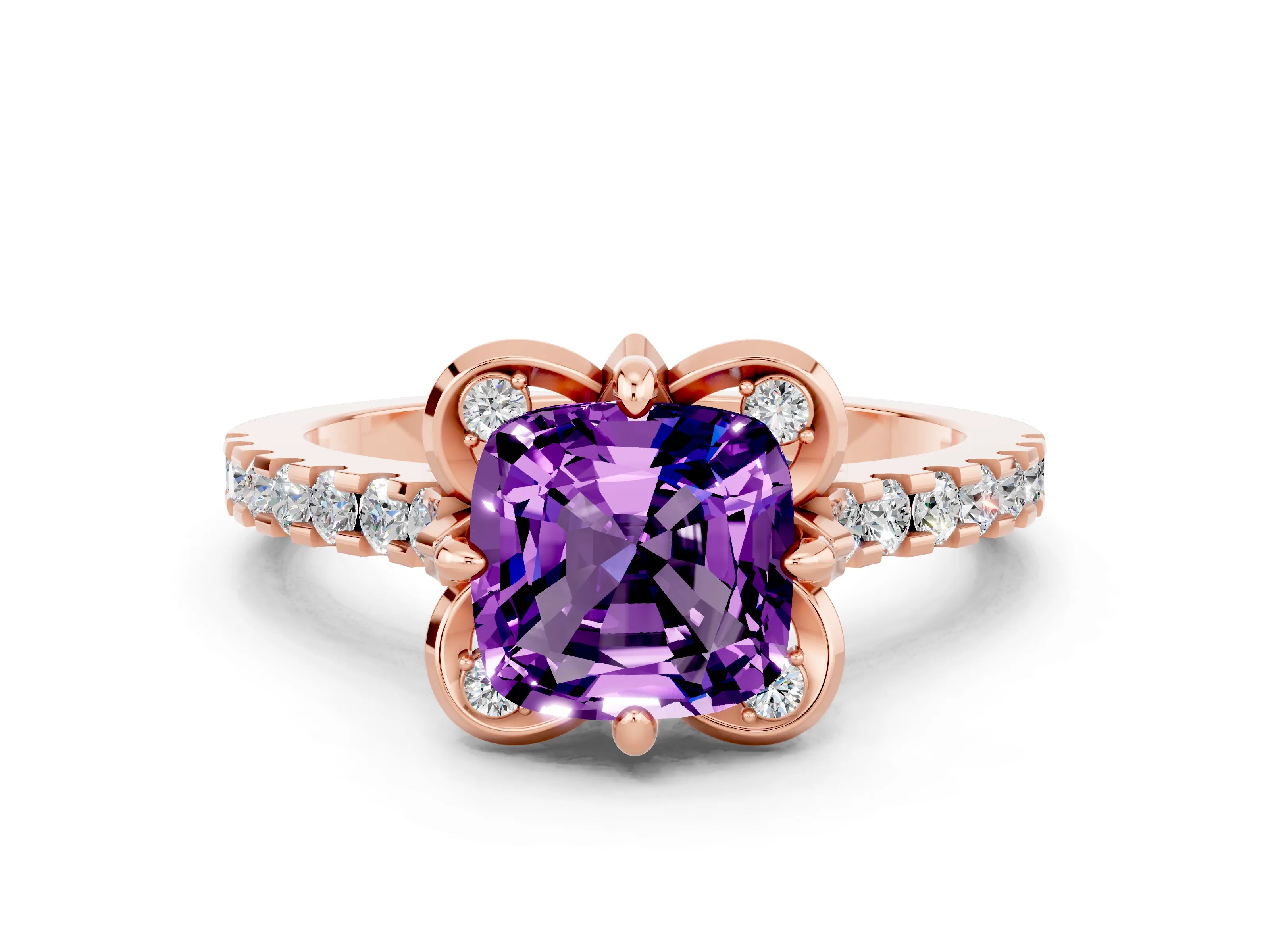 Rose gold Cushion Cut Amethyst Ring with Pavé Band and Floral Prong Setting