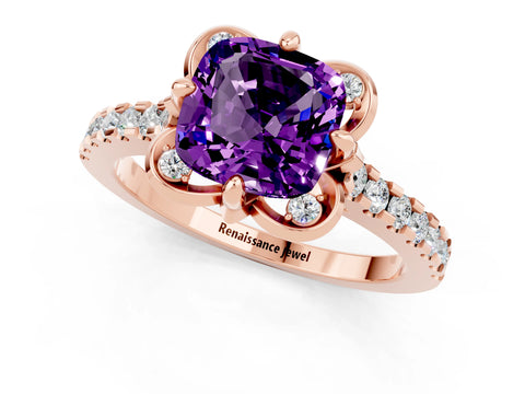 Rose gold Cushion Cut Amethyst Ring with Pavé Band and Floral Prong Setting_1