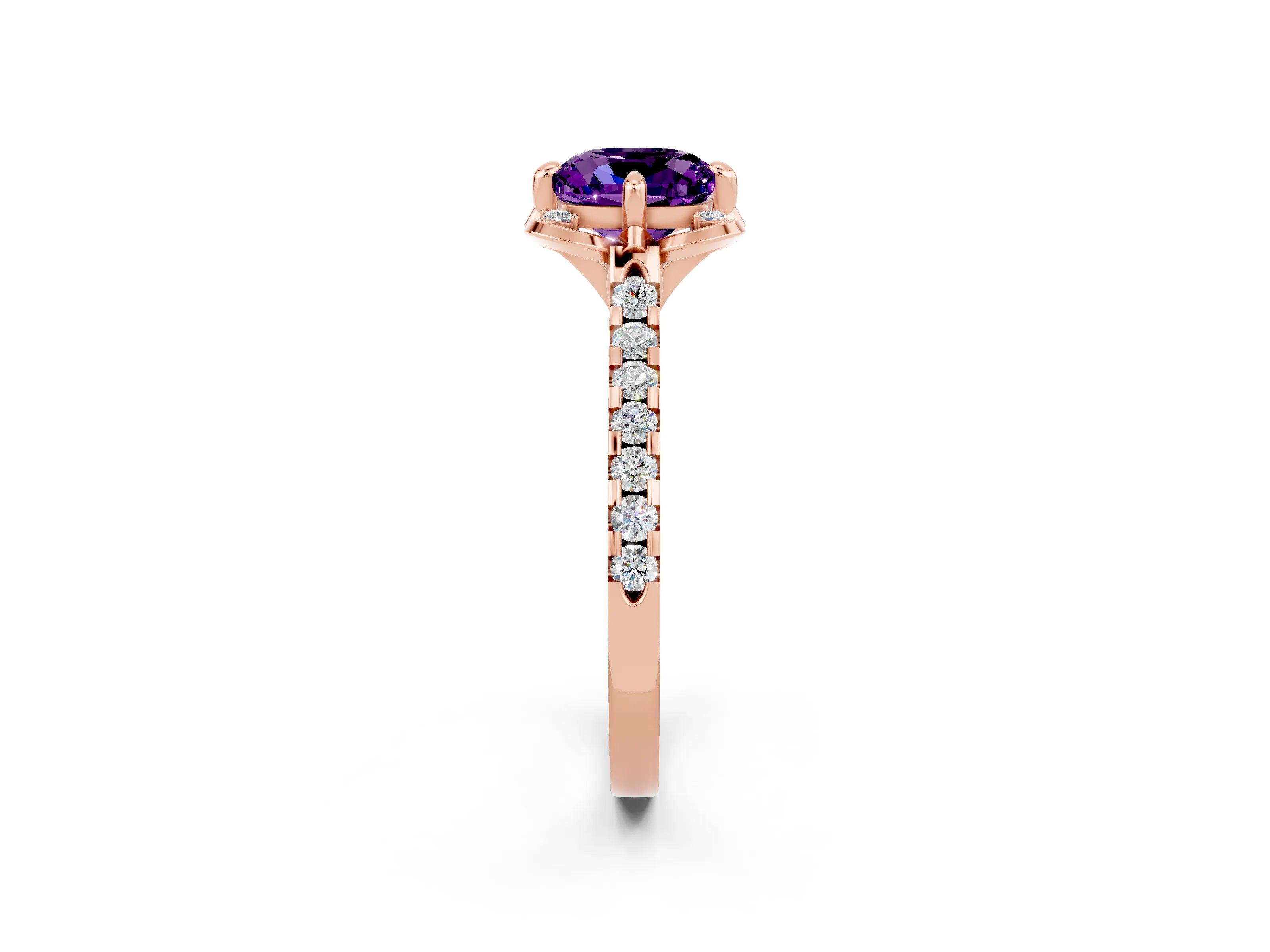Rose gold Cushion Cut Amethyst Ring with Pavé Band and Floral Prong Setting_2