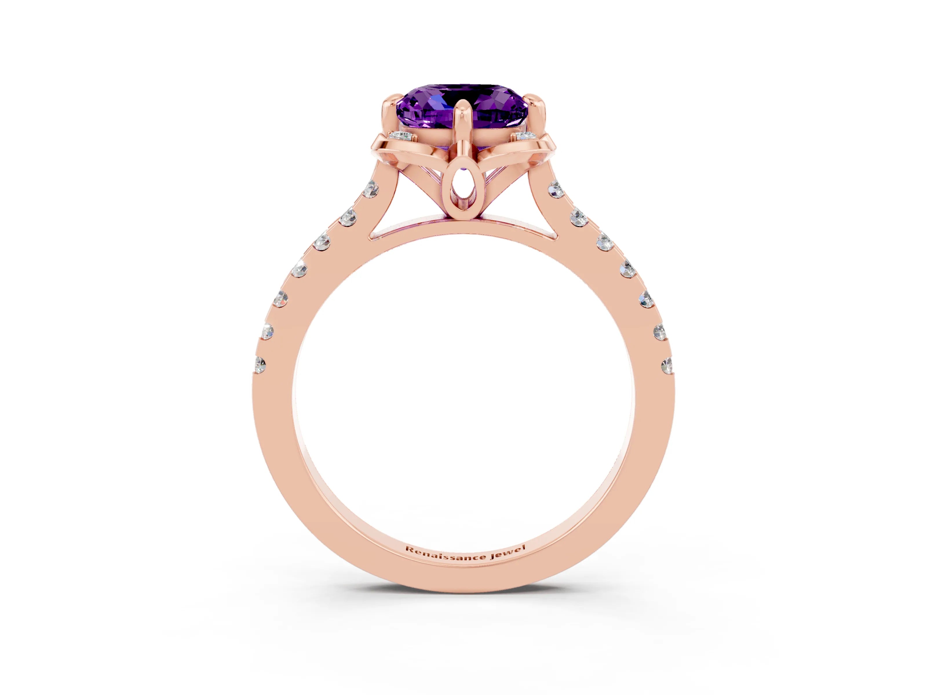 Rose gold Cushion Cut Amethyst Ring with Pavé Band and Floral Prong Setting_3