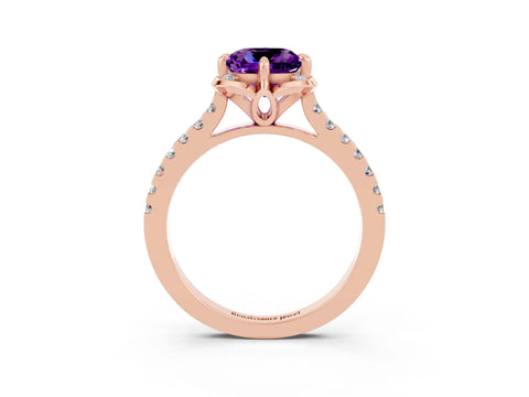Rose gold Cushion Cut Amethyst Ring with Pavé Band and Floral Prong Setting_3